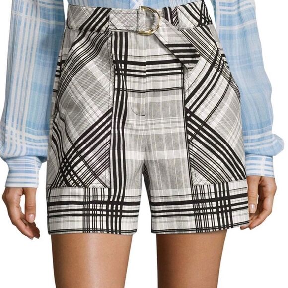 Diane Von Furstenberg High Waist Black White PlaidDouble D Loop Belted Shorts